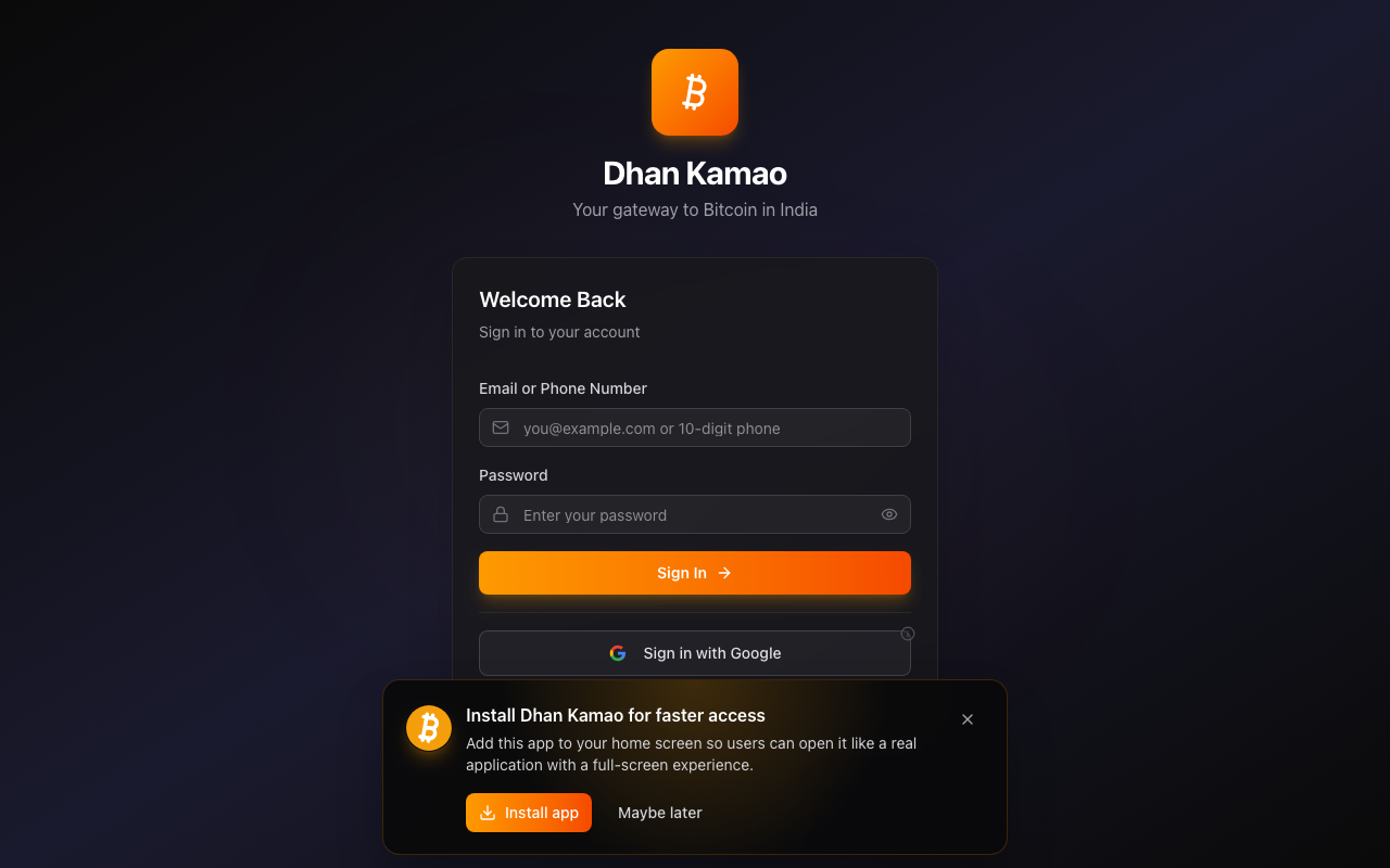 Dhan Kamao — Real-Time Bitcoin & Crypto Tracker live platform preview by CodeOrbit
