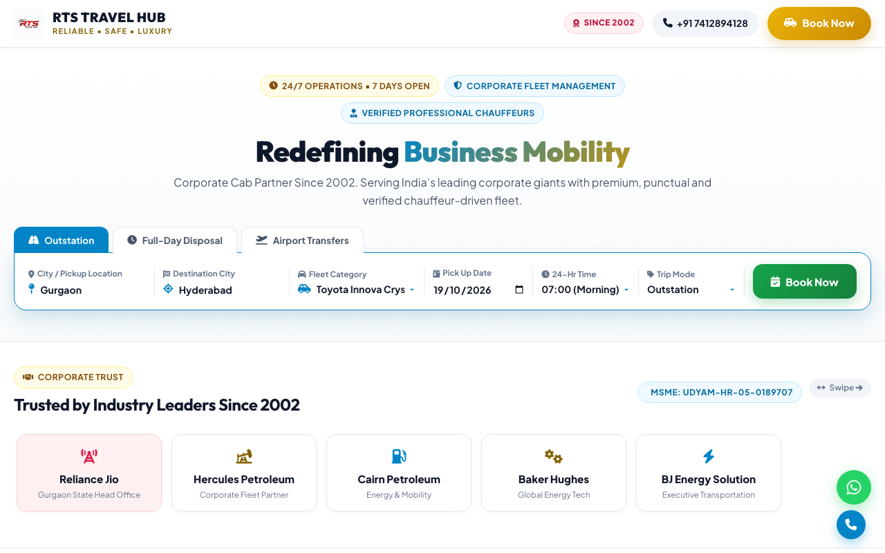 RTS Travel Hub — Corporate Cab & Luxury Fleet live platform preview by CodeOrbit