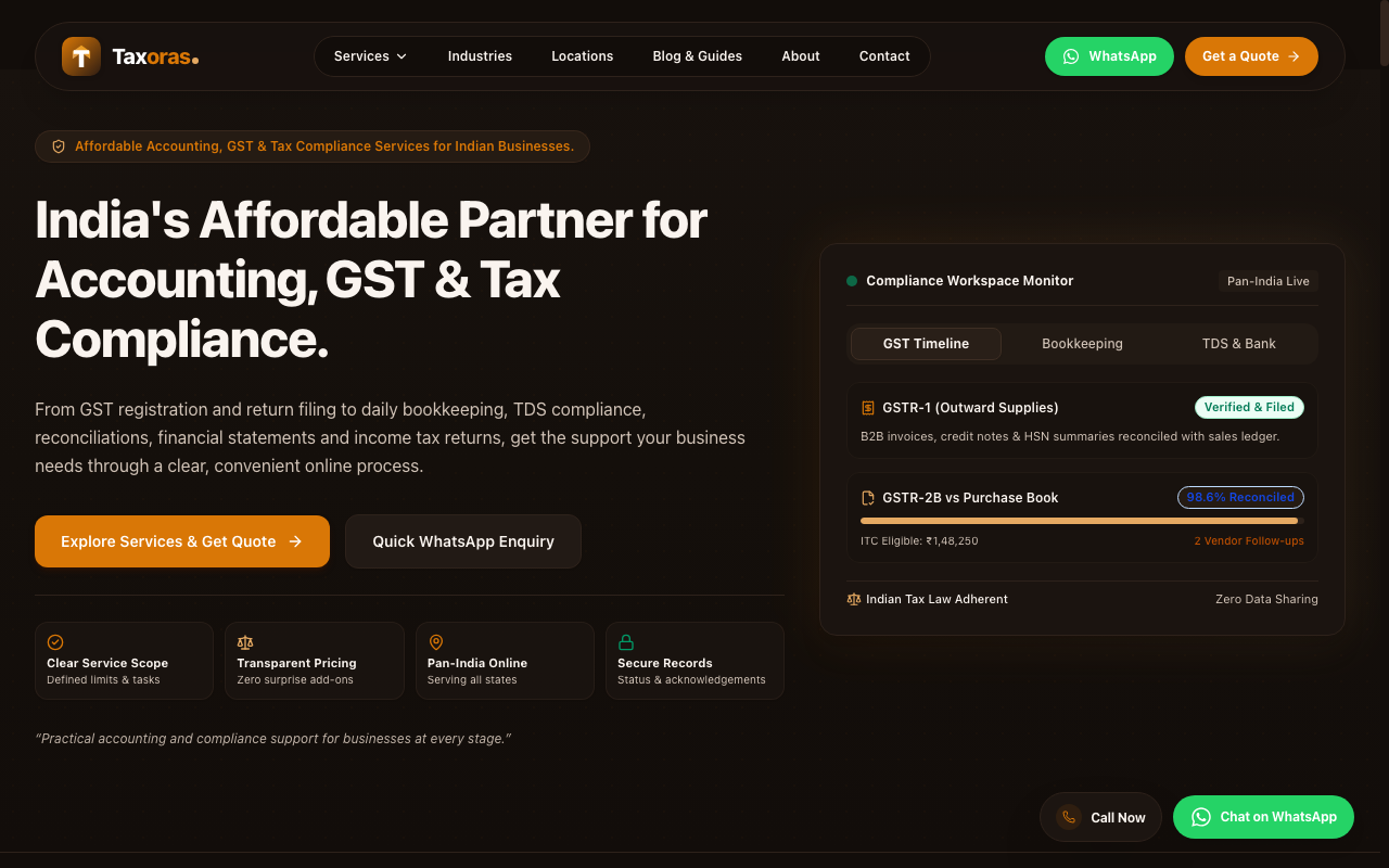 Taxoras Advisory — Accounting & GST Compliance live platform preview by CodeOrbit