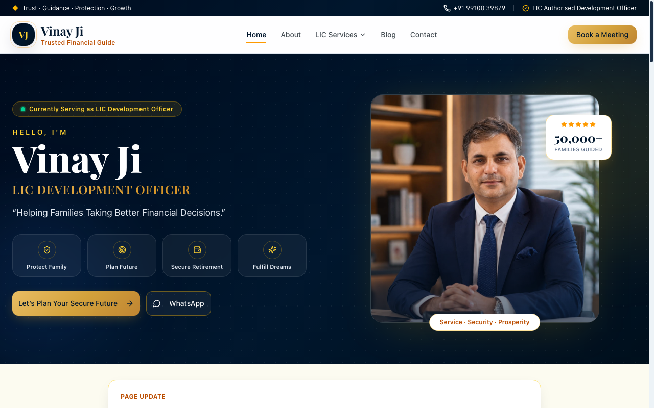 Vinay Ji — Financial Guide & LIC Development Officer live platform preview by CodeOrbit